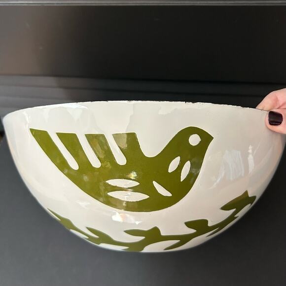 Rare MCM 60s Hanova of Pasadena Large Enamel Dove and Vine Bowl in Green & White - Picture 2 of 15